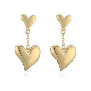 Polished 18K gold plated heart drop earrings with irregular wavy texture on white background