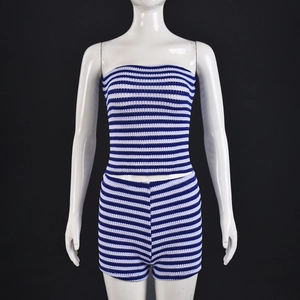 Close-up of blue and white striped knit two-piece set featuring tube top and shorts