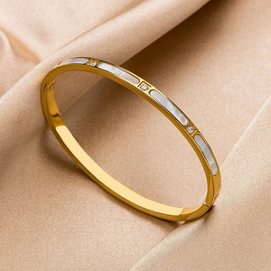 Luxe goudkleurige titanium stalen armband met schelpinleg en fonkelende kristallen