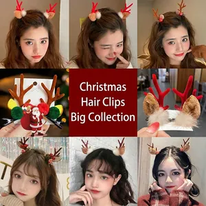Collection of festive Christmas reindeer antler hair clips with cute fur balls and bells