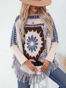 Women Vintage Ethnic Style Knitted Poncho Shawl With Geometric Floral Patterns And Tassel Hem Oversized Pullover Wrap