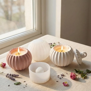 Vertical striped spherical resin silicone mold for DIY pumpkin candles and storage jars