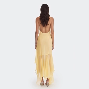 Sleepy sexy halter neck backless yellow chiffon maxi dress with layered irregular hemline