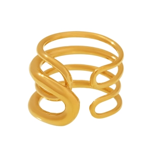 Modern triple-layered wavy crossover open ring in 18k gold plated stainless steel