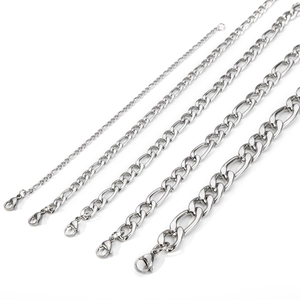 Detail of silver Figaro link chains in five different widths with lobster clasps