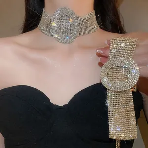 Luxury Wide Choker Necklace For Women Copper With Rhinestone Large Oval Centerpiece Shiny Palace Style Banquet Jewelry