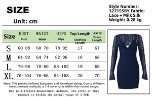 Size chart detail for lace long sleeve shawl and strap dress two-piece set