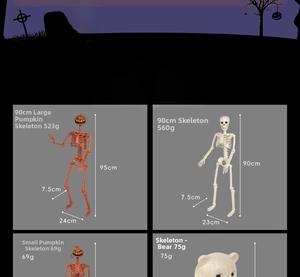 Detailed size chart for various Halloween skeleton decorations including pumpkin and bear