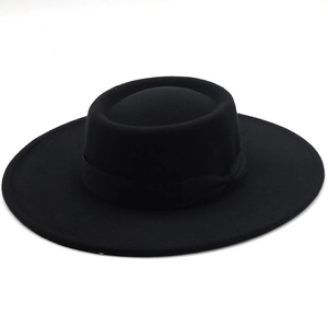 Classic black wool felt wide brim boater hat with silk ribbon and flat bow detail
