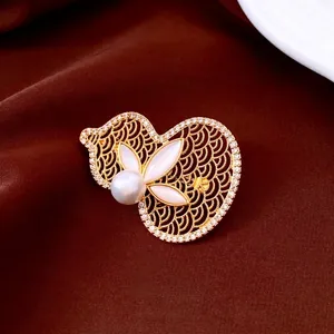 Vintage Gourd Brooch 18K Gold Plated Copper Artificial Pearl Shell Mother Of Artificial Pearl Cubic Zirconia Hollow Out Luxury Chinese Style Pin
