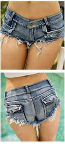 Dettaglio di micro shorts in denim blu con orli sfilacciati e bottone metallico