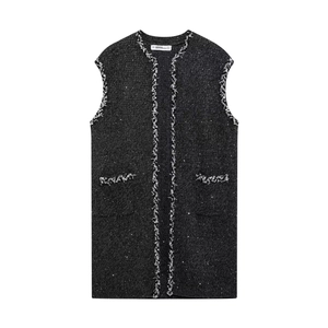 Robe Chasuble En Tweed Pour Femmes Col Rond Sans Manches Ornée De Paillettes Bords Effilochés Élégante Mini Robe