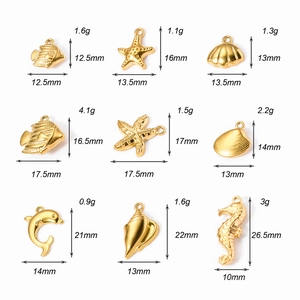 Detailed view of nine gold marine pendants with exact dimensions and weight specs