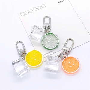 Realistic fruit slice keychain set with lemon orange lime and clear resin ice cubes