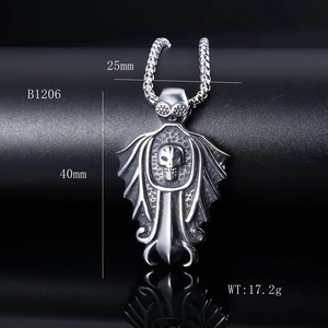 Macro detail of gothic skull bat wing pendant with 40mm height and 25mm width dimensions