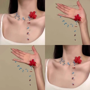 Handgemachte Rote Blume Perlenkette Für Damen Transparente Unsichtbare Linie Urlaub Dopamin Stil Schlüsselbein Choker