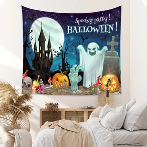 Detail of Halloween tapestry with spooky castle and pumpkin design in a cozy bedroom