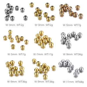 Polished stainless steel beads chart in gold and silver with sizes 3mm to 11mm