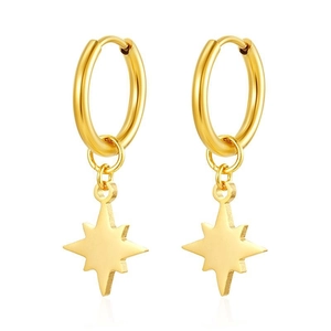 Detailed view of 18K gold plated stainless steel star pendant earrings on white backdrop