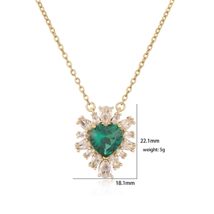 Golden heart necklace with emerald green stone and white zircon borders, size 22x18mm