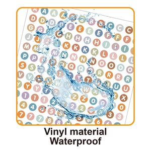 Close-up of waterproof vinyl alphabet stickers showing splash resistance and vibrant colors