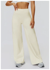 Detail of high waisted wide leg fleece pants with wide waistband in cream white