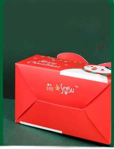 Detail of red Christmas gift box featuring snowman graphics and Merry Christmas text