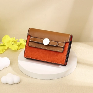 Detail of brown and orange leather card wallet with lychee texture and silver buckle