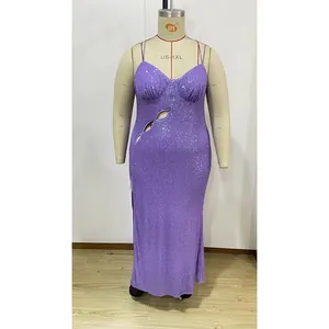 Detailed view of the side oval cutout and purple sequins on this elegant evening gown