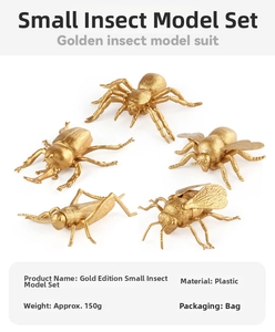 Détails de modèles d'insectes dorés en plastique avec scarabée et araignée