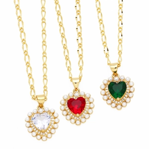 Heart Pendant Necklace Gold Plated Brass With Zircon And Faux Artificial Pearl Elegant Jewelry For Women