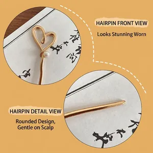 New Chinese style heart-shaped pearl hair pin in gold metal with minimalist design