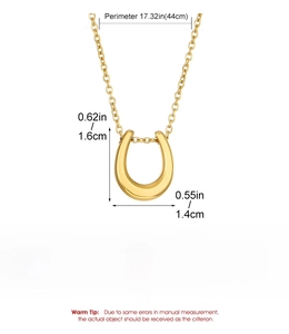 Detailed view of gold horseshoe U-shaped titanium steel necklace with size specifications