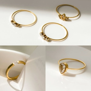 Rhinestone Ring Titanium Steel Geometric Water Drop Leaf Design Minimalist Stackable Finger Jewelry Women