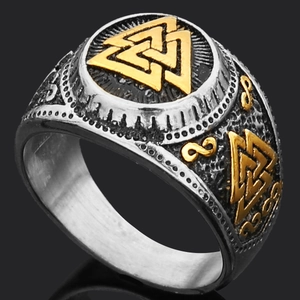 Viking Thor's Hammer ring with Valknut symbol in silver and gold-tone finish