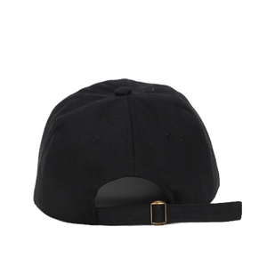 Rear view of black cotton baseball cap with adjustable brass metal buckle and six-panel design