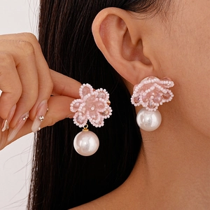 Pink Flower Beaded Drop Earrings With Imitation Artificial Pearl And Silver Earring Post Sweet Elegant Jewelry For Women