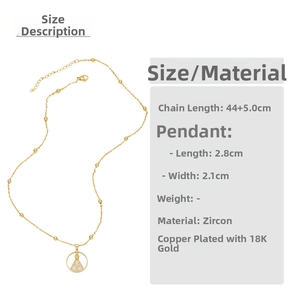 Detail of 18K gold plated copper necklace showing Virgin Mary pendant dimensions and chain length