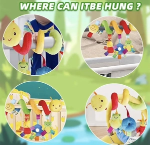 Multi-use spiral activity toy for cribs and strollers featuring plush animal hangings