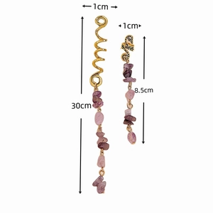Ethnic hair braid jewelry set with natural purple stones and gold metal rings
