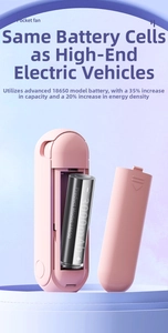 Detail view of pink pocket fan showing 3000mAh 18650 lithium battery for long battery life