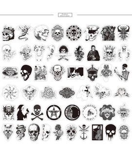 Detailed grid view of assorted black and white Gothic skull stickers with floral motifs