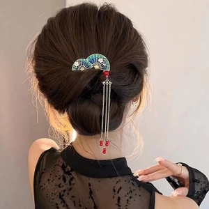 Peigne À Cheveux Forme Éventail Style Chinois Vintage Alliage Émail Motif Floral Longs Glands Perles Pour Femmes Rétro
