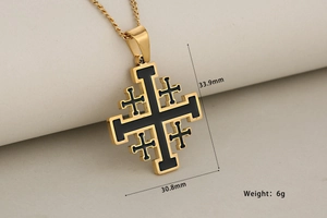 Detail of gold and black Jerusalem cross pendant with 33.9mm x 30.8mm size dimensions