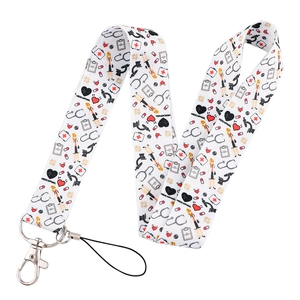 Detail of medical theme polyester lanyard with doctor prints and metal lobster clasp