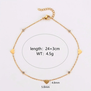 Gold stainless steel heart anklet with crystal charms, length 24+3cm, weight 4.5g