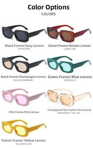 Detailed grid showing seven trendy retro small square sunglasses in various candy colors