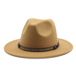 Classic camel wide brim wool felt fedora hat with ethnic band and leather buckle