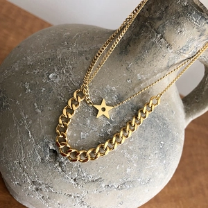 Double Layer Necklace 316L Stainless Steel Star Pendant Cuban And Ball Chain Hip Hop Vintage Gold Tone Jewelry