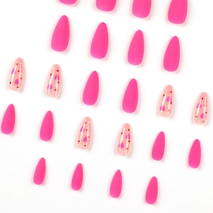 Matte rose red and translucent pink almond press on nails with heart patterns
